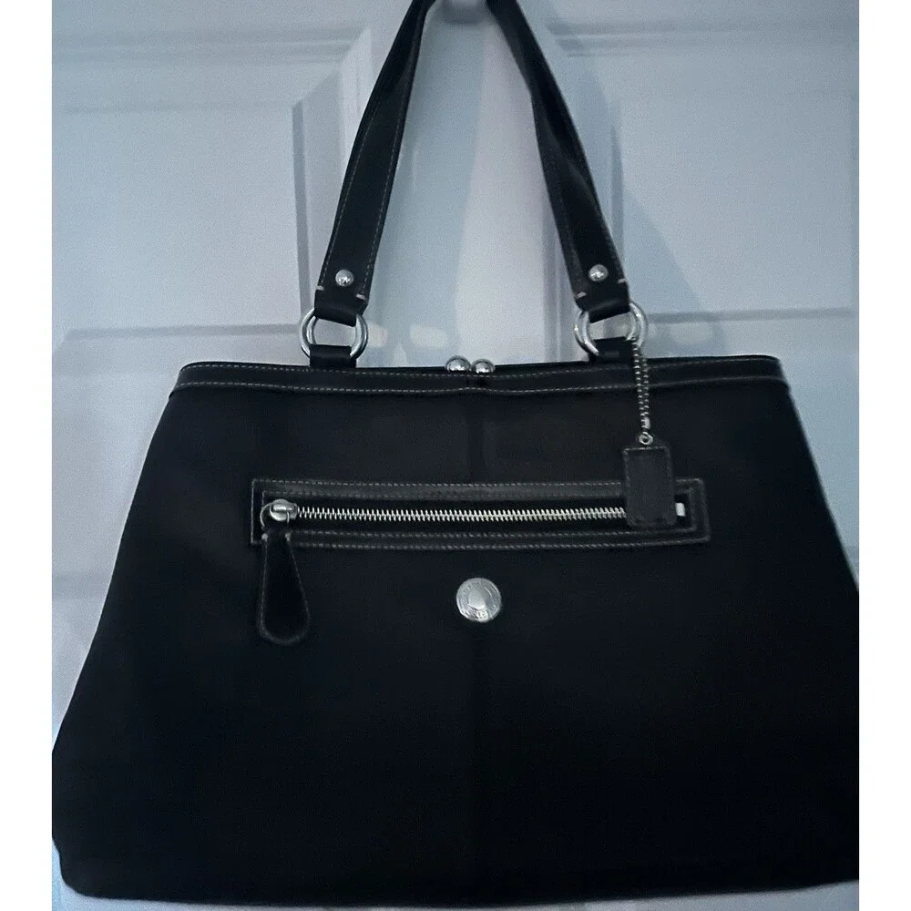 COACH F14866 Y2K Black Leather Handbag LAURA Carryall Kisslock Satchel MSRP $378 - Picture 3 of 11